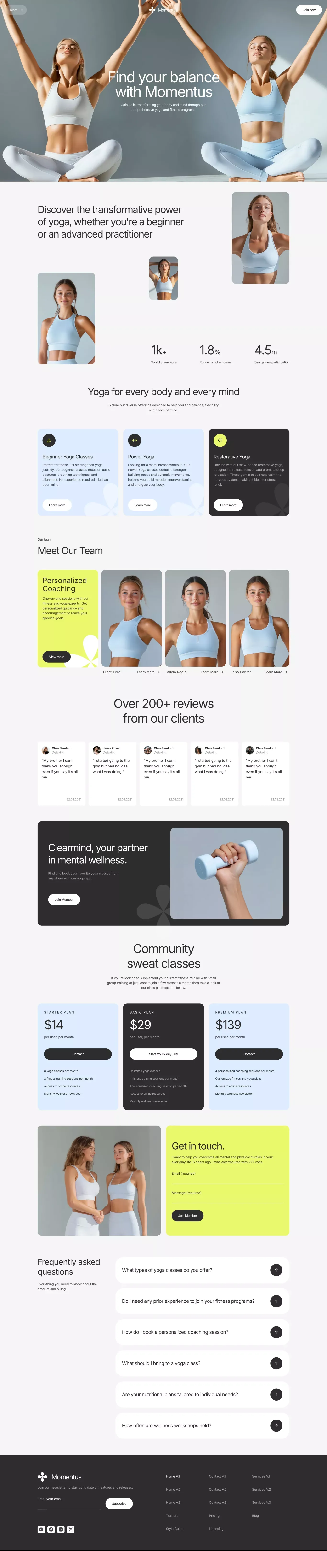 Momentus - Framer and Webflow website te landing page screenshot showcasing Health & Fitness and Sport design