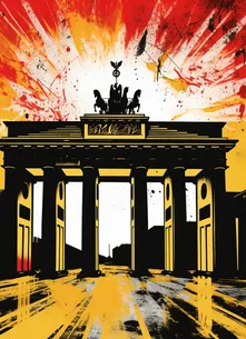 Expressive artwork of Berlin's Brandenburg Gate with a dramatic splash of colors, highlighting Story Inventory's feature to communicate your product's narrative in German, enhancing connection with the local market