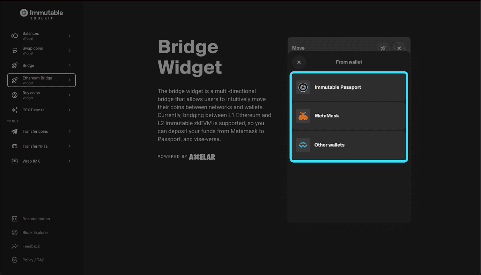 select wallet and network dropdown
