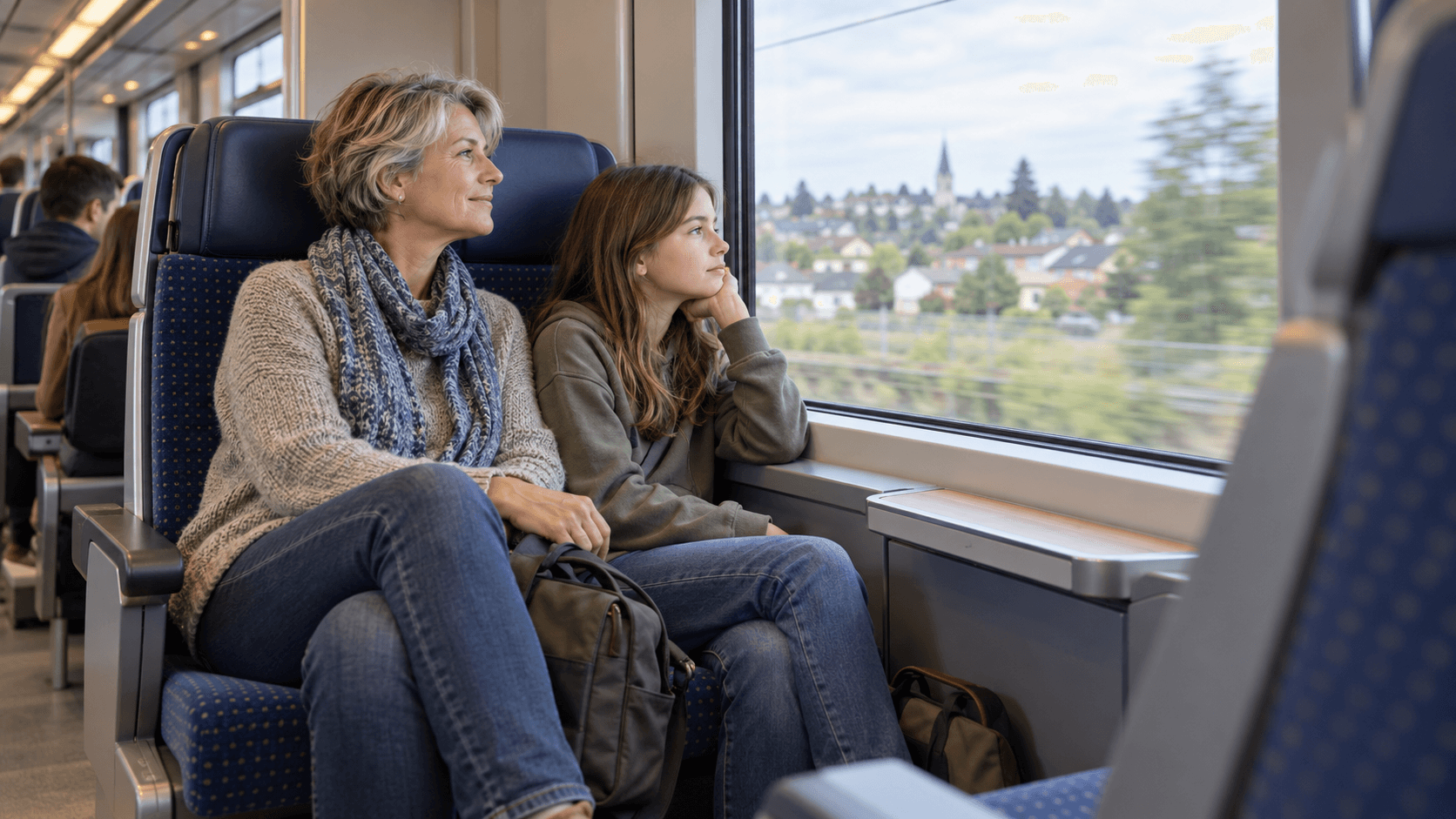 Une adulte et une adolescente assises près d’une fenêtre dans un train régional fictif.