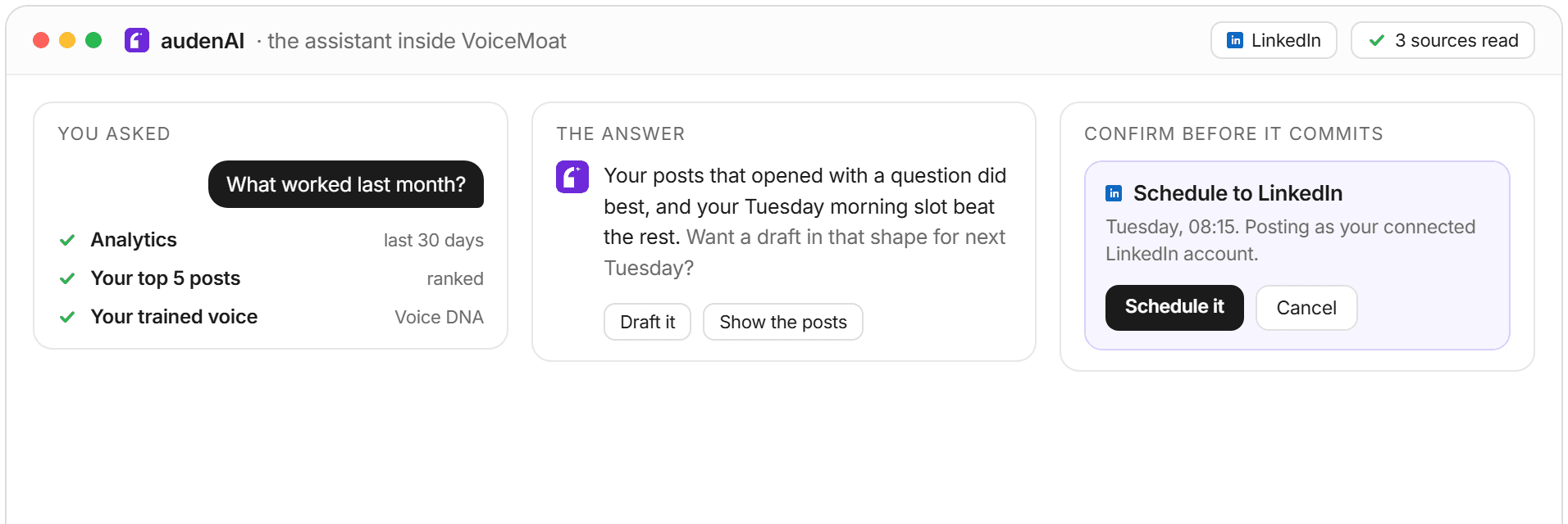 audenAI answering a question from your own analytics, top posts and trained voice, with a confirm card before it schedules anything