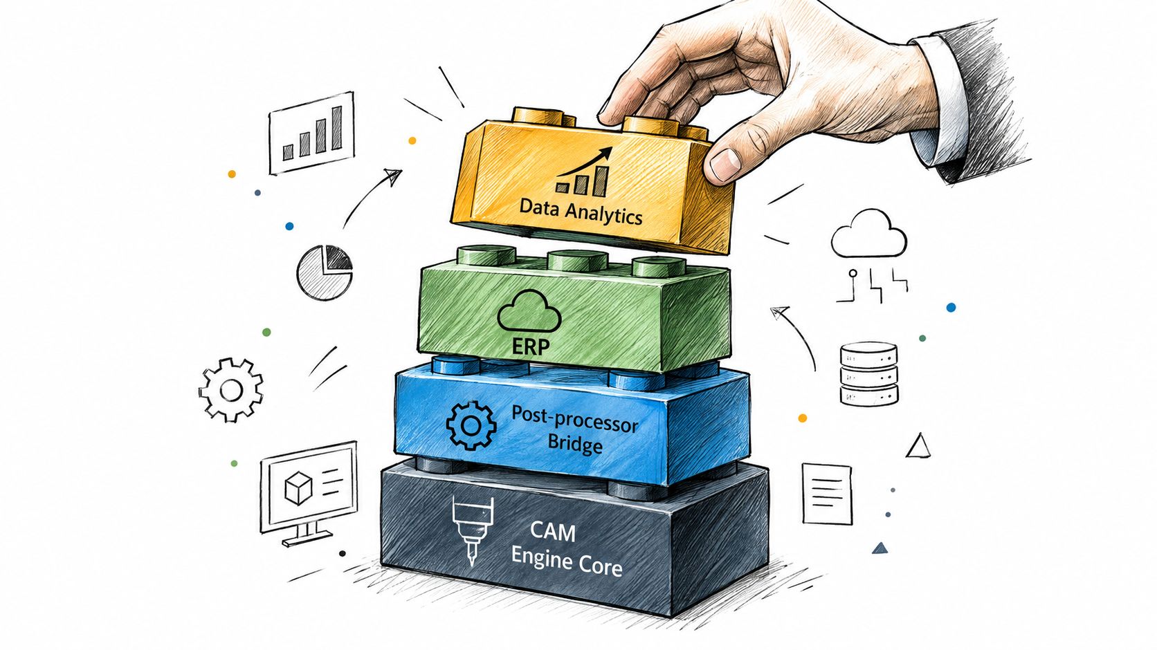 A hand placing a Data Analytics building block on top of an ERP, Post-processor Bridge, and CAM Engine Core stack.
