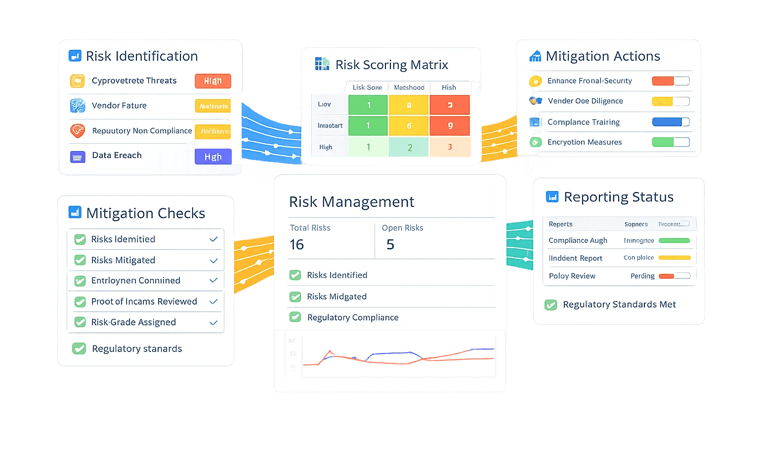 Ilustrasi AML/CFT transaction monitoring & terrorism financing detection platform. Di kiri, panel Transaction Monitoring menampilkan daftar transaksi (tanggal, referensi, tipe, jumlah). Data mengalir ke Anomaly Detection di tengah dengan grafik tren, peta lokasi, dan daftar anomali seperti unusual wire transfer dan high‑value deposit. Di kanan atas, Risk Flags menyoroti indikator risiko seperti Politically Exposed Person (PEP), High‑Network Transactions, dan High‑Risk Jurisdiction.  Bagian bawah menampilkan Reporting Workflows (case review → suspicious activity report → regulatory submission) dengan status AML compliance dan confidential reporting, serta modul Terrorism Financing Detection & Compliance untuk peninjauan kasus, laporan, dan eskalasi ke regulator. Di kanan bawah, Secure Reporting Pipelines menunjukkan enkripsi, proses review, dan pengiriman aman ke otoritas. Visual menggambarkan pemantauan transaksi, deteksi anomali, penandaan risiko, dan pelaporan AML/CFT end‑to‑end yang aman.