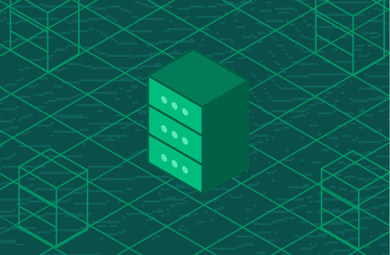 Green isometric server stack centered within a grid of outlined server shapes on a dark green patterned background.