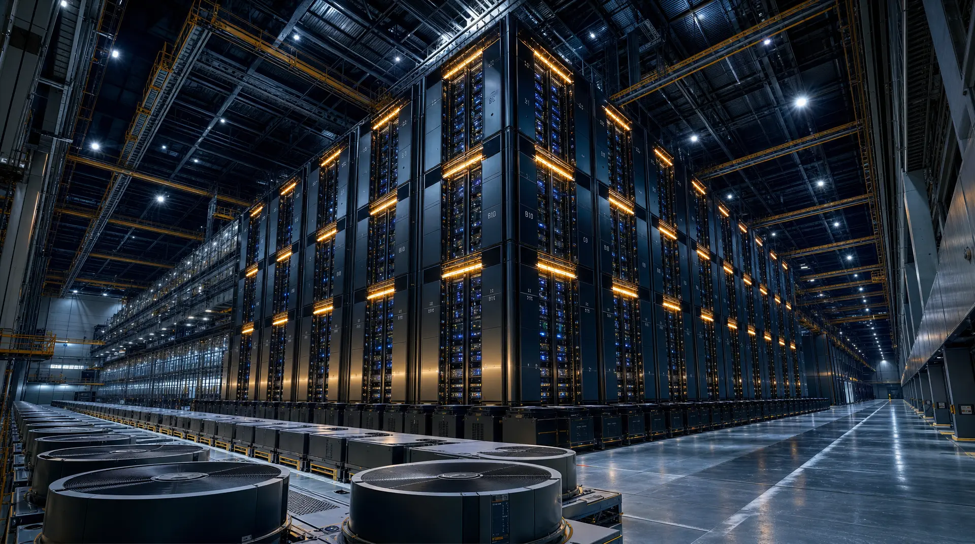 Rows of server racks glow with blue light and warm status bars inside a large data hall, reflecting careful brand identity design for tech companies.