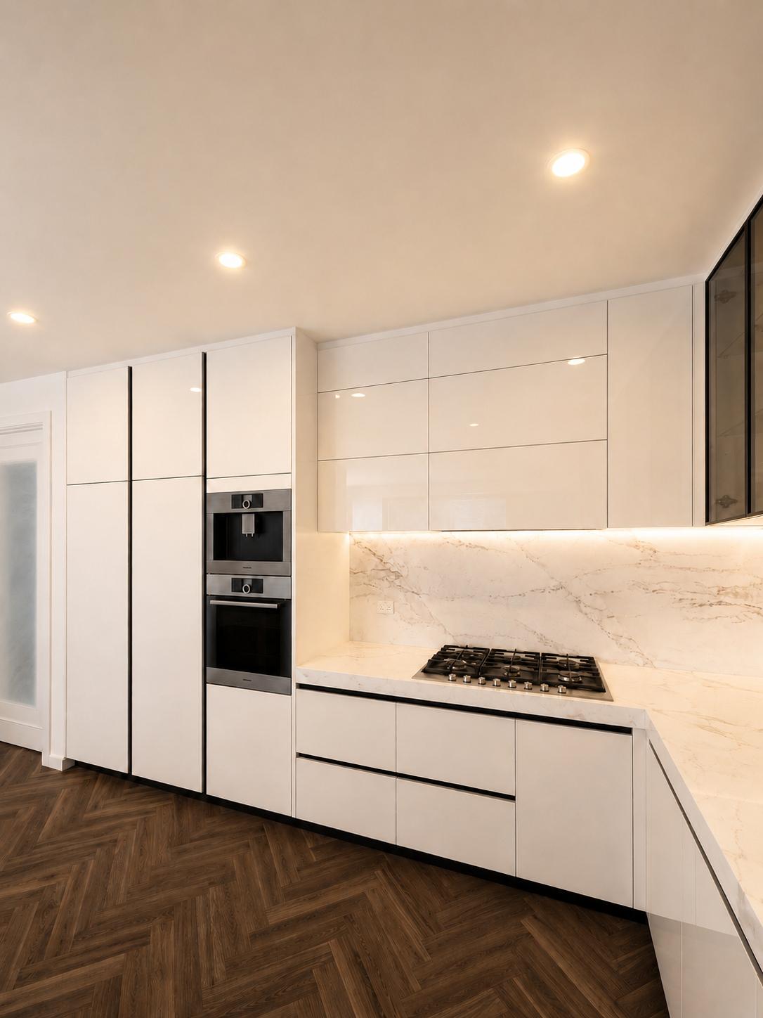 Luxury modern kitchen with marble island and natural oak floors