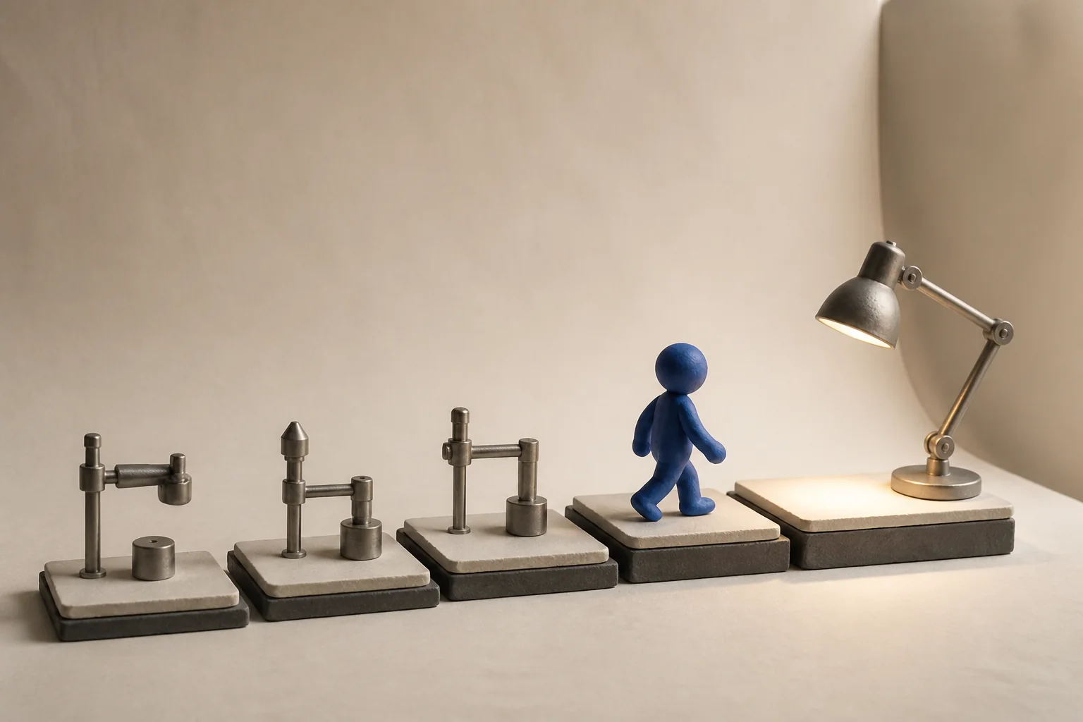 A cobalt clay figure crosses a five-step validation track toward an inspection lamp.
