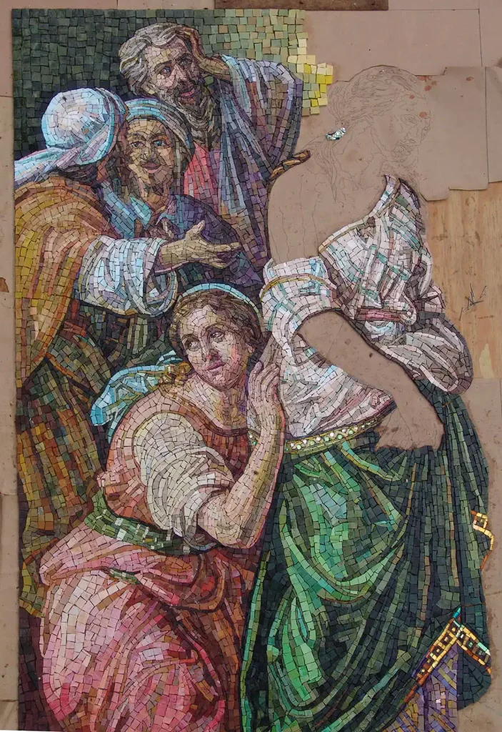 Detailed religious mosaic artwork of Mary Magdalene and Jesus Christ.