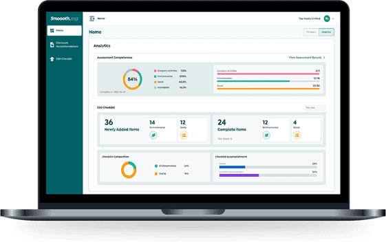 SmooothESG dashboard showing ESG assessment progress and sustainability insights