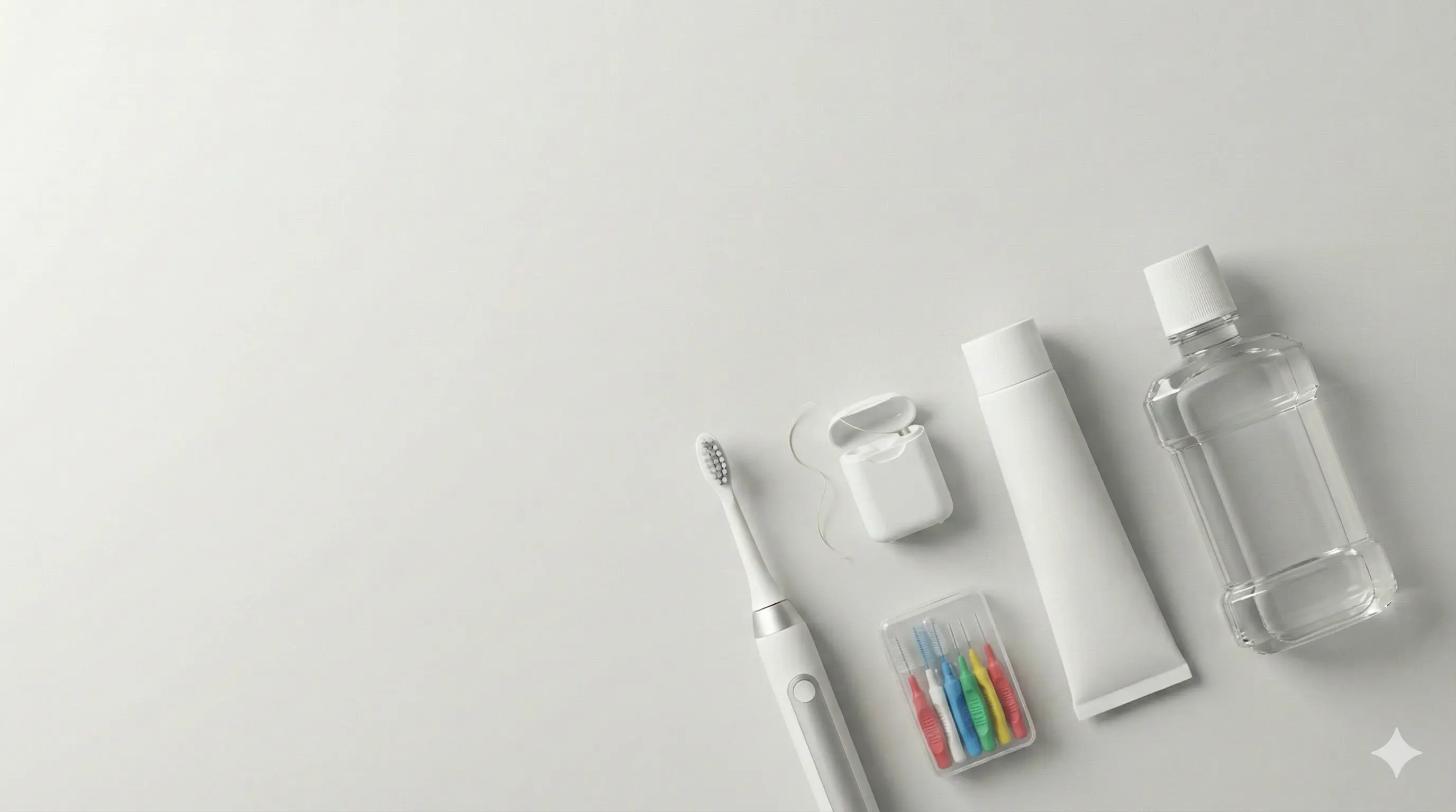 Szájhigiénés eszközök: elektromos fogkefe, fogselyem és fogköztisztító kefék, tiszta háttéren.