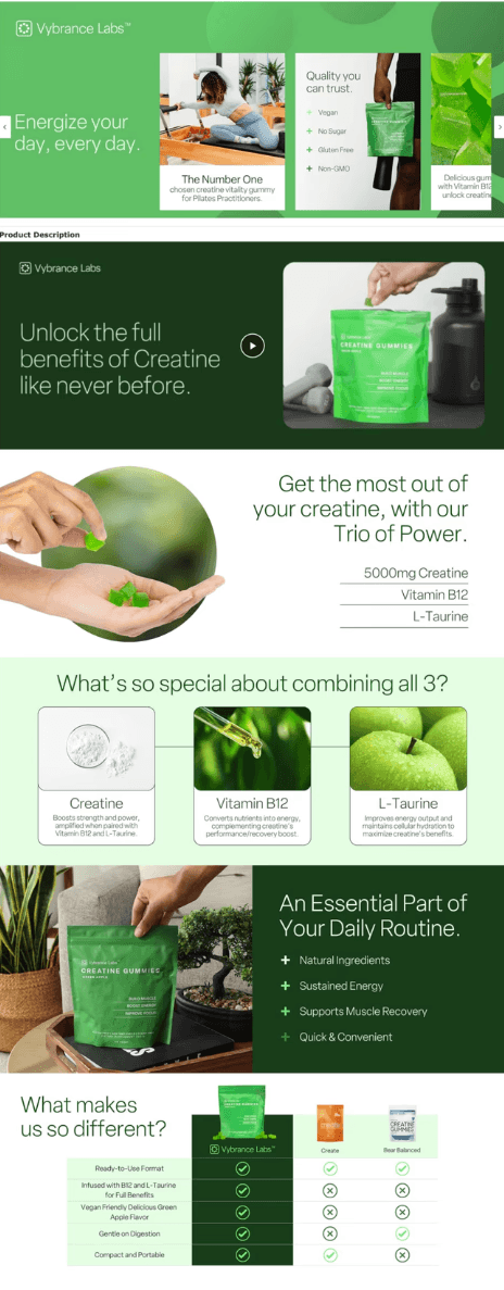 Portfolio showcase of a completed creatine supplement website with green branding, product-focused layouts, ingredient explanations, and performance-driven content about energy, hydration, and recovery.