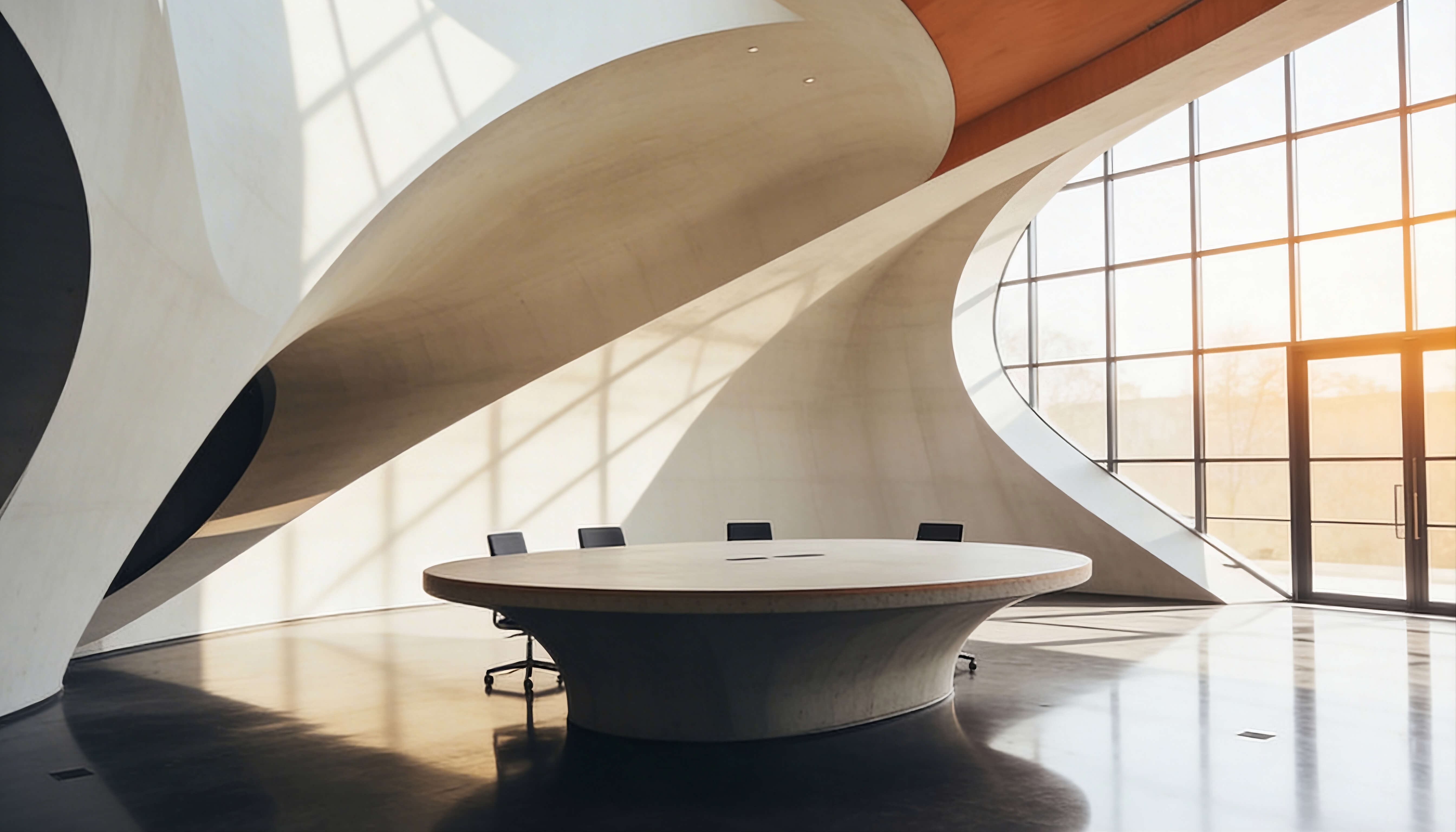 Circular skylight casting a soft glow in a restrained, contemplative interior