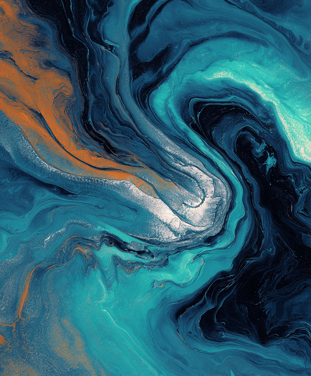 Abstract swirling patterns of teal, dark blue, and hints of orange, resembling a fluid cosmic design.