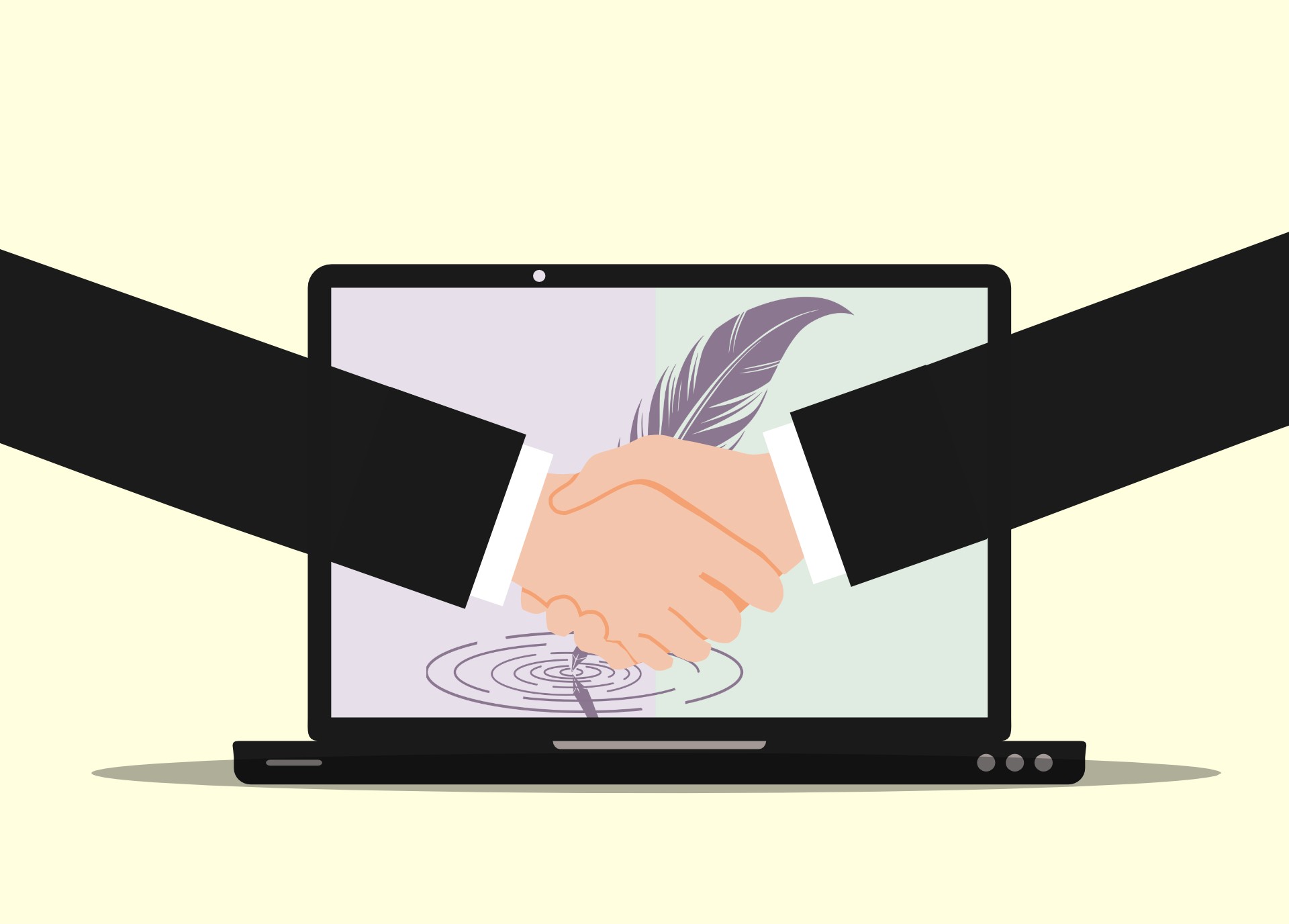 a handshake in front of a laptop
