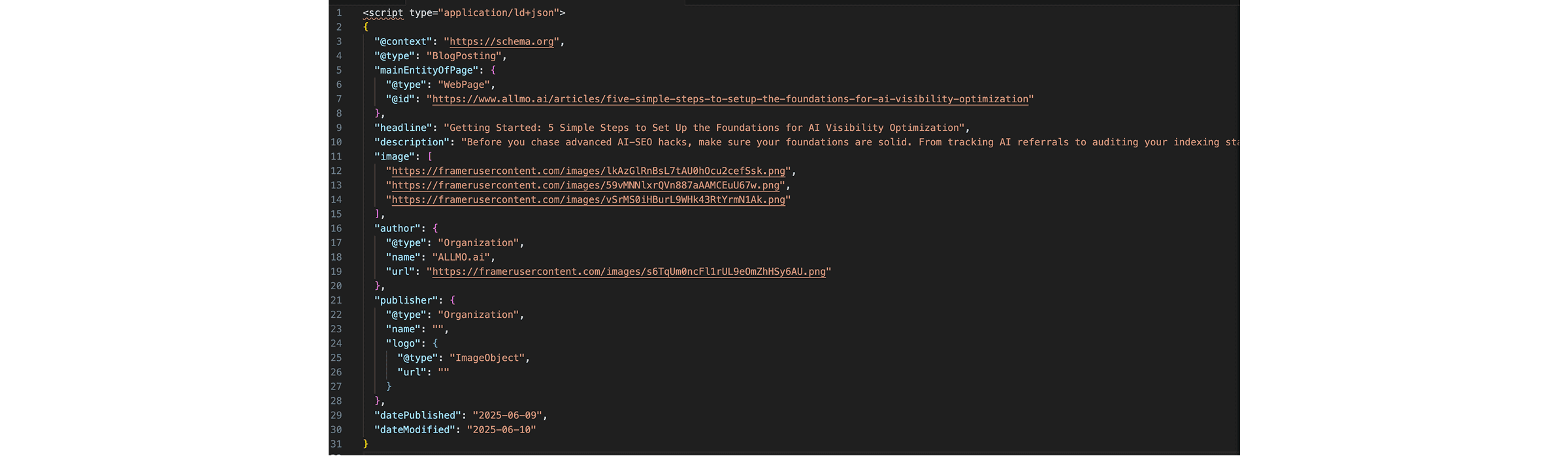 Screenshot of a JSON-LD schema markup using this blog post as an example. The structured data includes fields for the headline, description, article URL, images, author ("ALLMO.ai"), and dates of publication and modification.