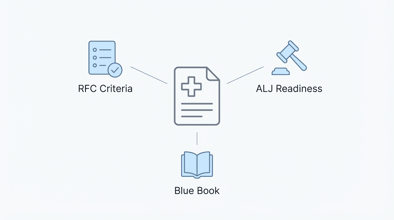 SSD evaluation criteria: RFC Criteria, Blue Book, and ALJ Readiness