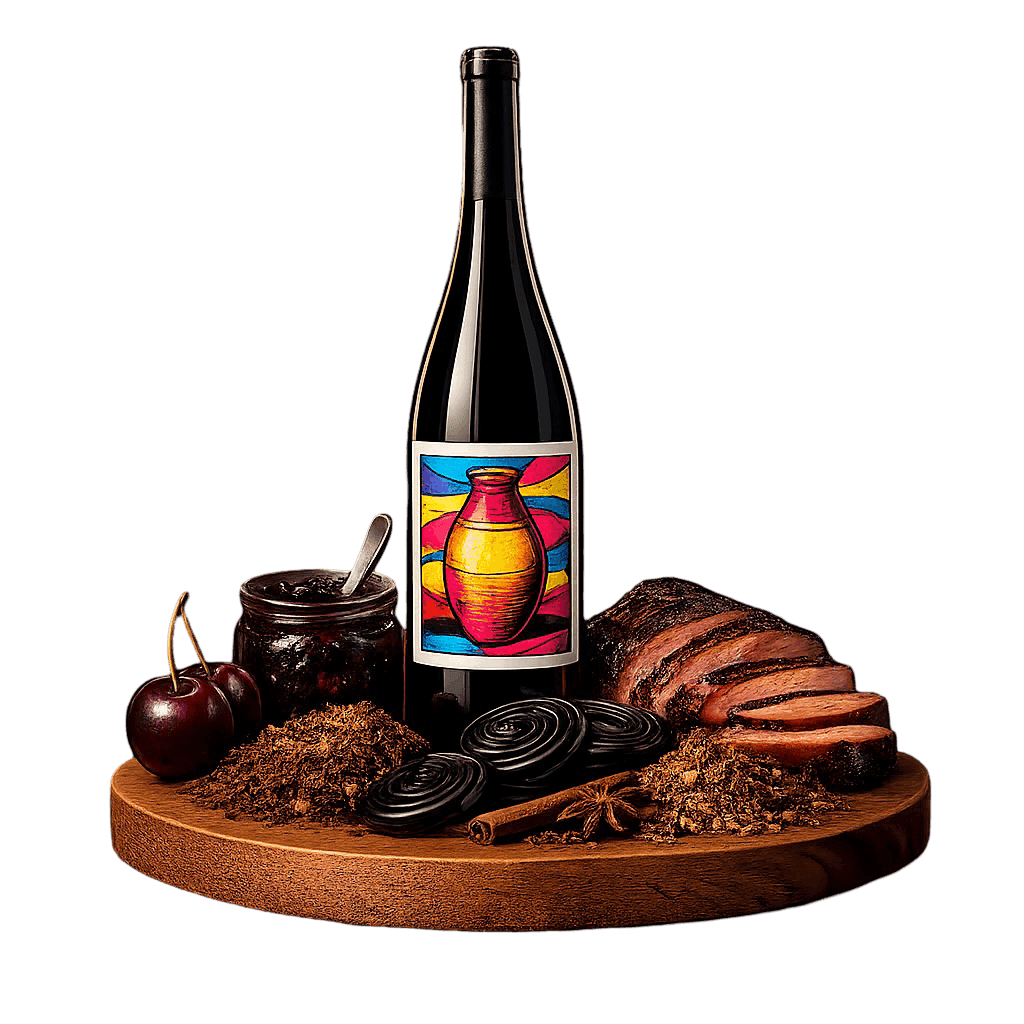 Artistic label and flavor profile for Georgian Saperavi on a rustic wooden table.