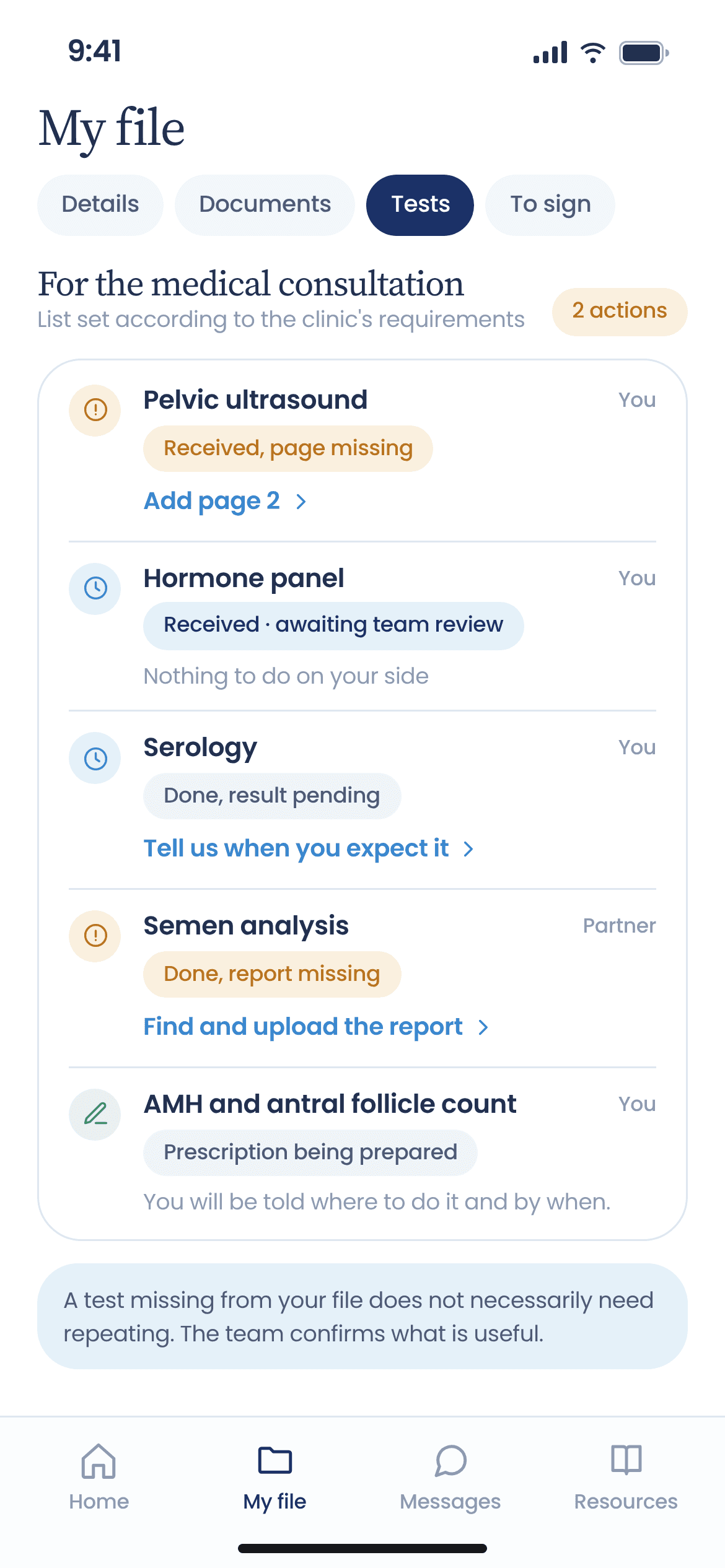 Eugin patient space v0.3: My file, test checklist and missing documents