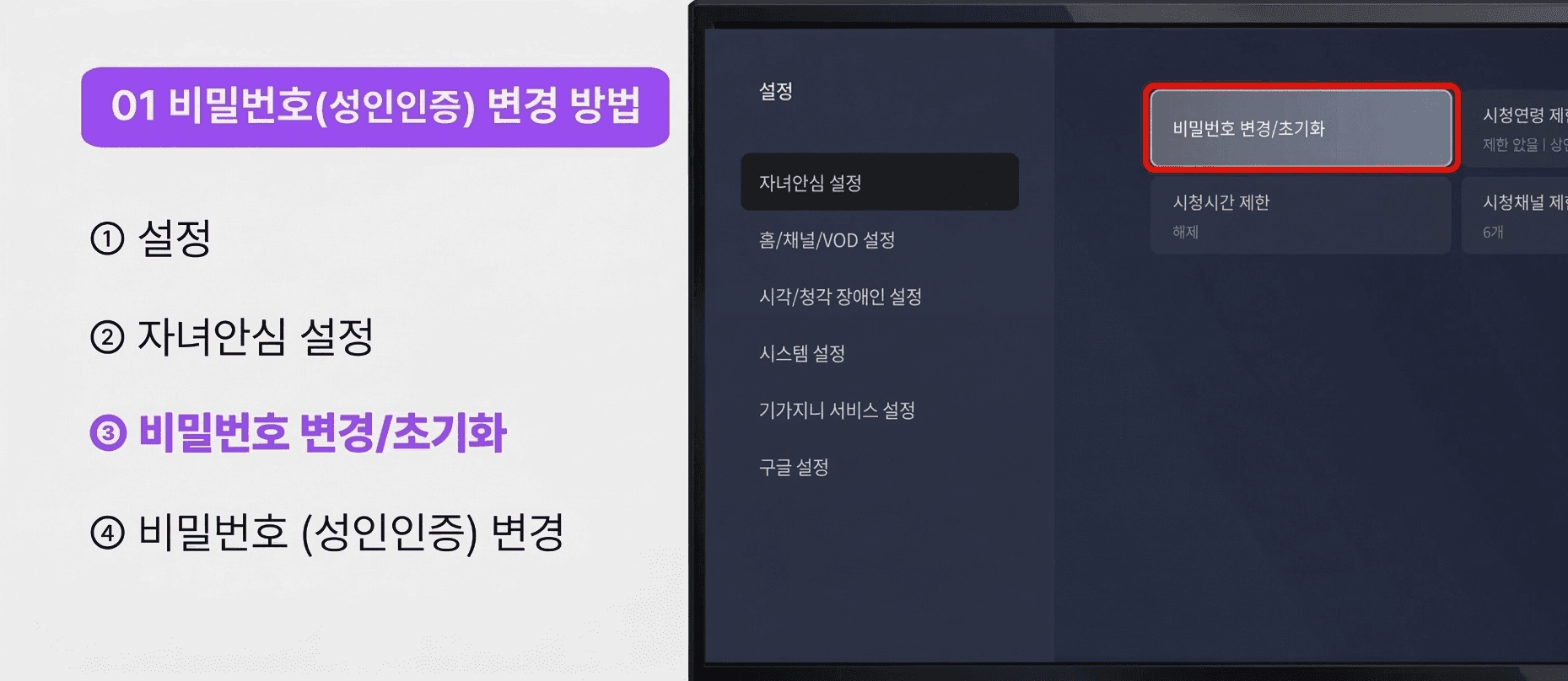 스카이라이프 스마트TV 설정 메뉴에서 자녀안심 설정 > 비밀번호 변경/초기화 항목이 선택된 화면입니다.