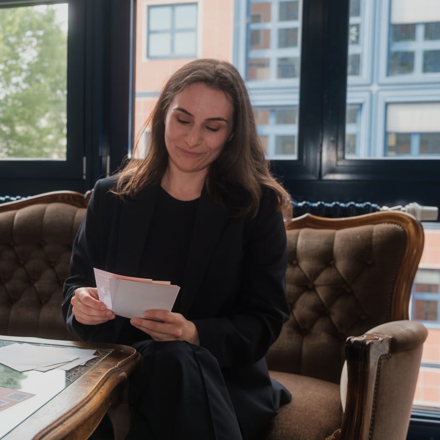 Woman reading from cards