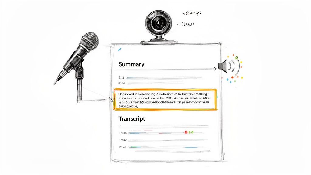 Diagram illustrating an audio/video recording and transcription process with a microphone and webcam.