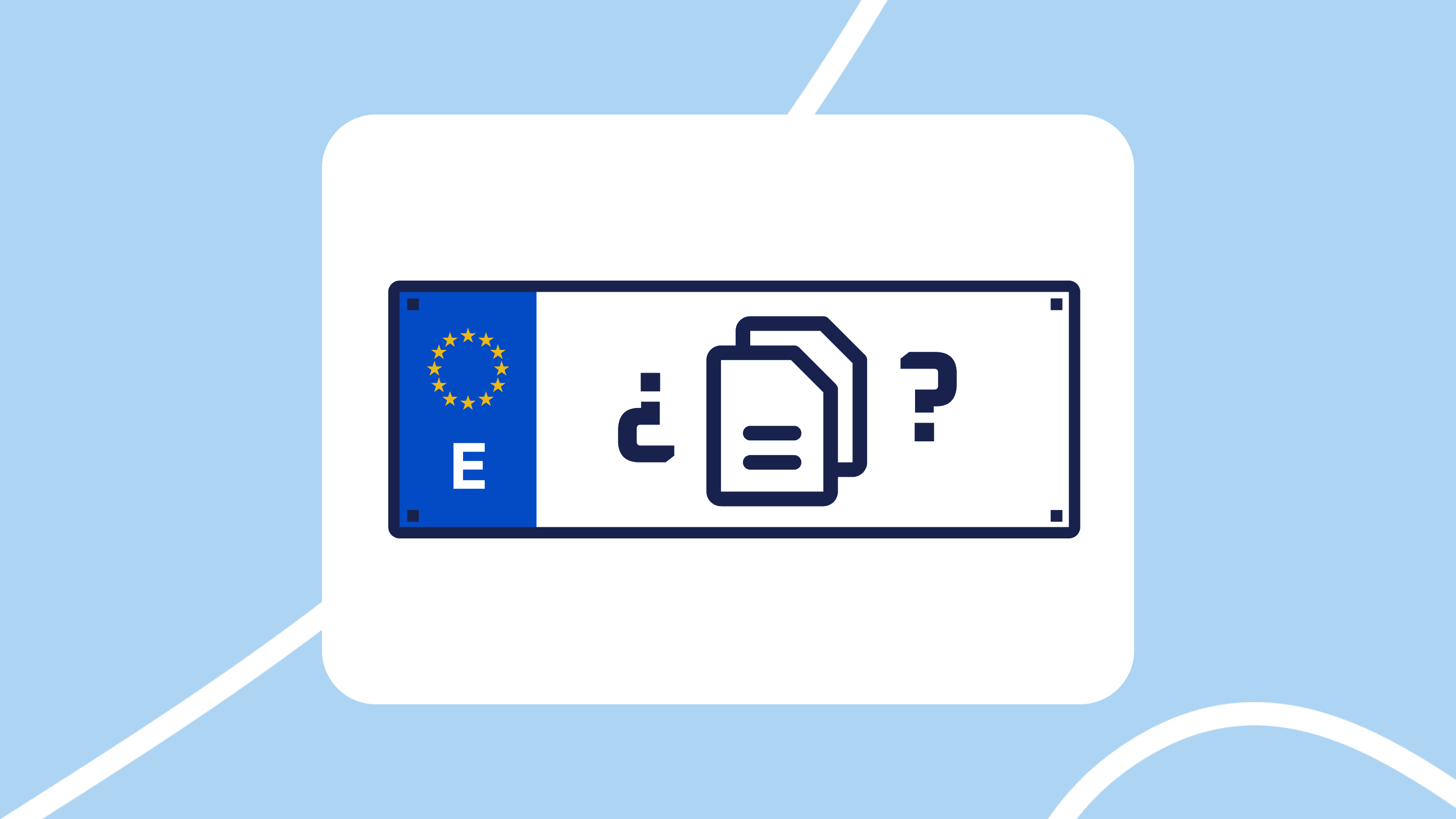 Ilustración de una matrícula europea con la letra “E” (España) y, en el centro, el icono de un documento junto a signos de interrogación, sugiriendo duda sobre la documentación necesaria para matricular un coche.