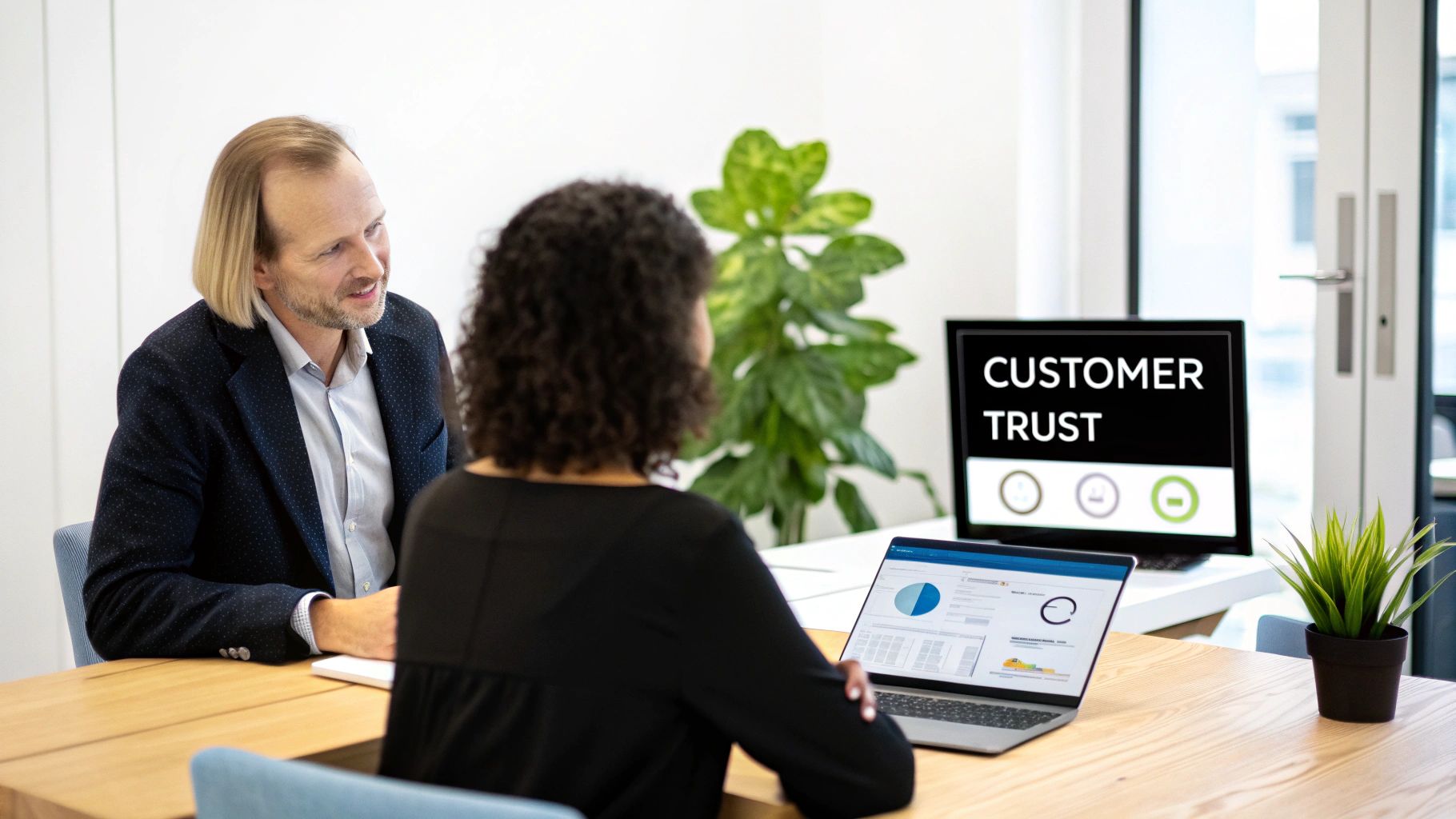 Two professionals discussing customer trust in an office, with screens showing data and charts.