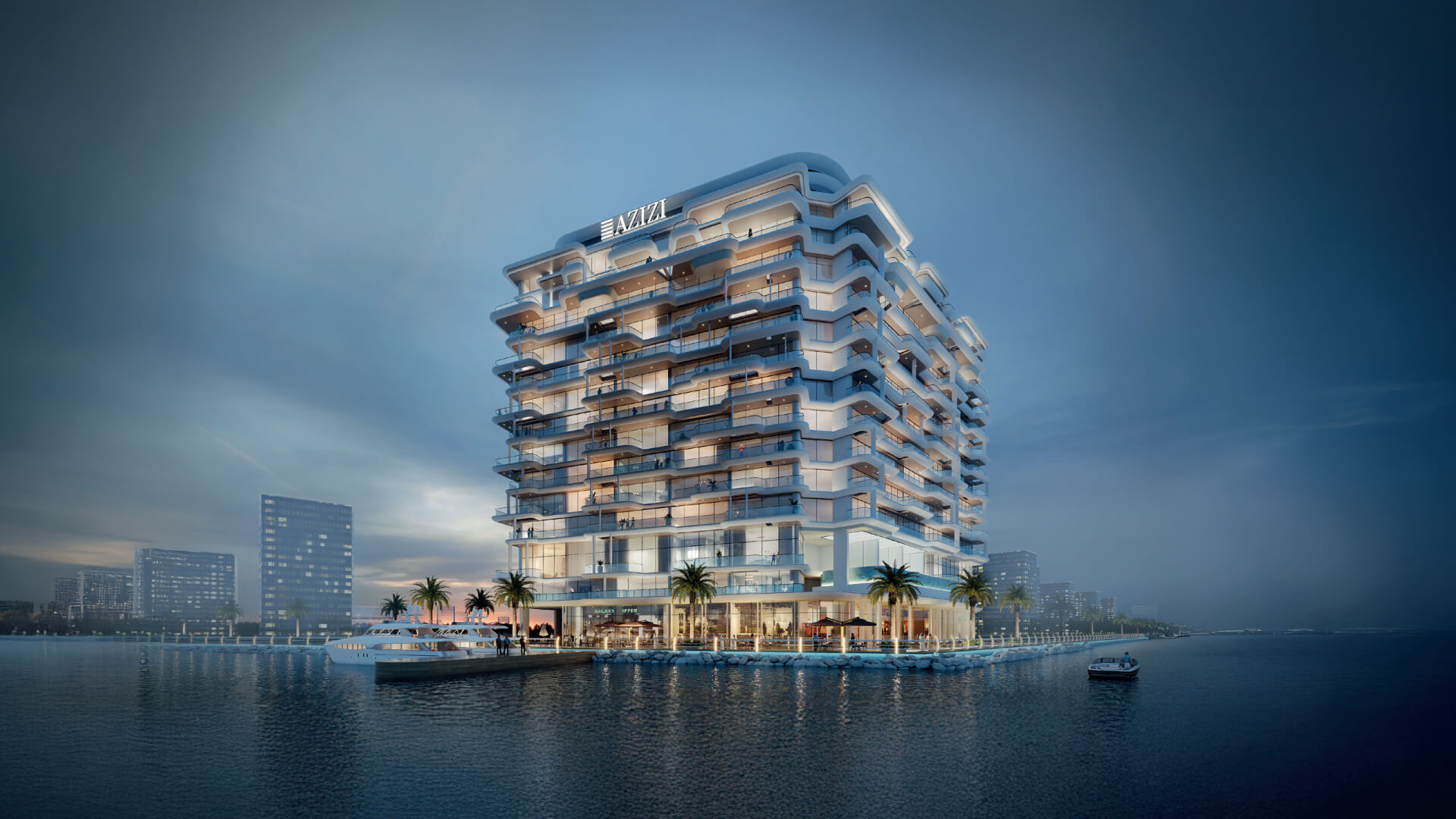 Conceptual artwork of Azizi Wasel, a luxury hotel in Miami, featuring sleek design and vibrant surroundings.