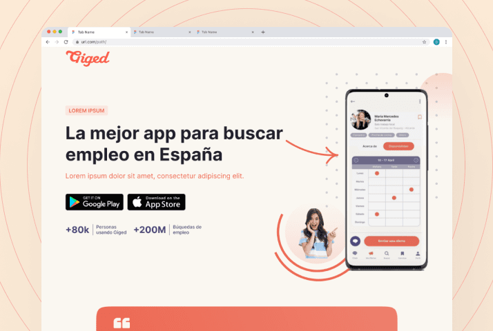 Landing page design for a Spanish company specializing in helping users find jobs, featuring a clean and intuitive user interface