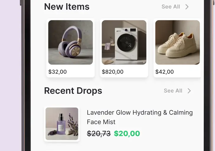 A screenshot of the redesigned Whisprice Home screen showing a "New Items" section with three recently tracked products and a "Recent Drops" section highlighting a price drop on a face mist from $20.73 down to $20.00.