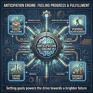 Anticipation Engine diagram: career, achievement, future, and financial goals. 