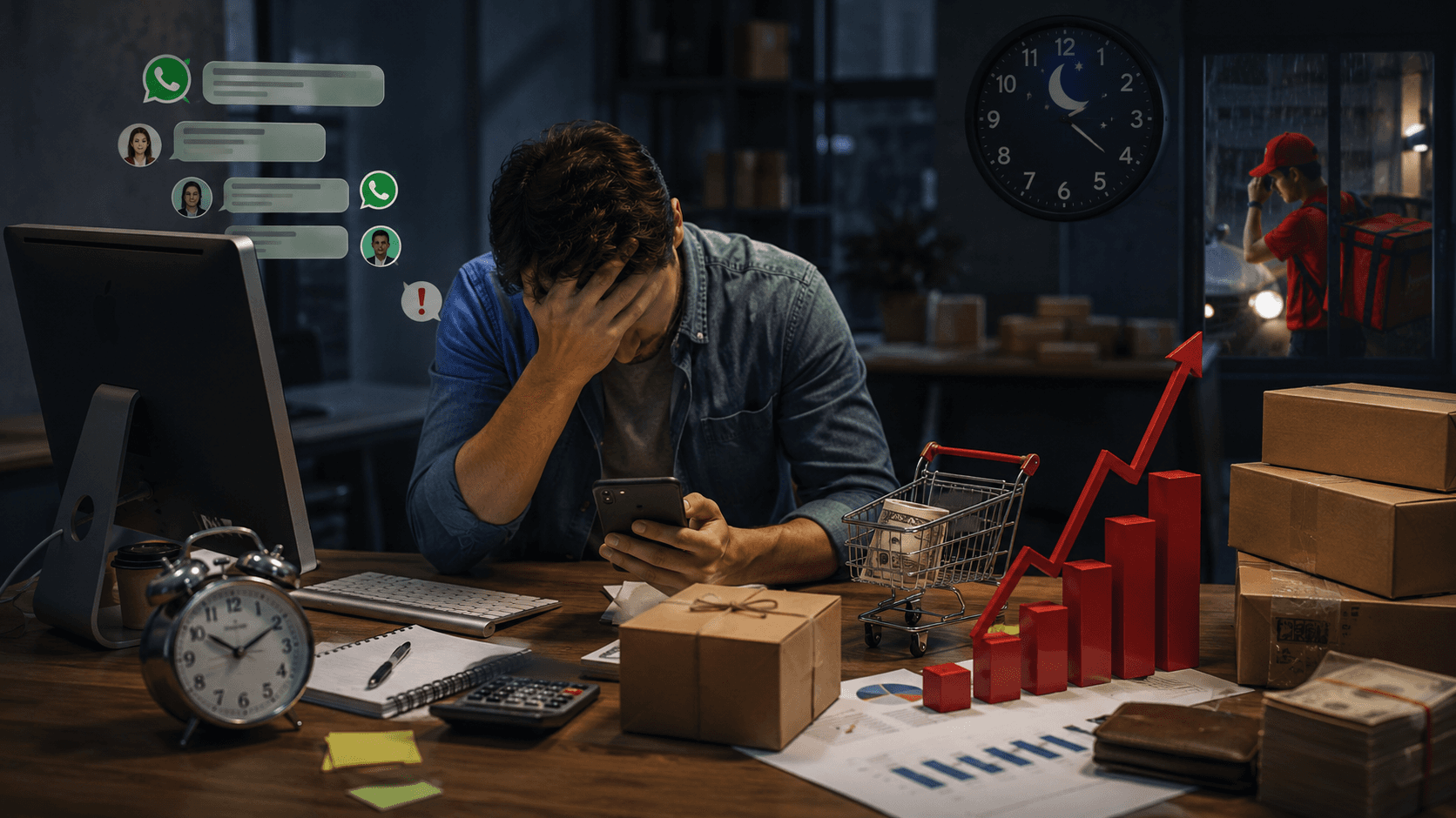 Ilustração 3D realista em formato 16:9 mostrando um operador comercial sobrecarregado em um escritório durante a noite, olhando para mensagens de WhatsApp em um celular. Sobre a mesa há caixas de pedidos, calculadora, documentos financeiros, gráficos de crescimento, relógios indicando horário avançado e uma pilha de dinheiro. Ao fundo, um entregador aparece do lado de fora da janela, sugerindo operações de vendas e logística. A cena transmite custos operacionais, erros manuais, perda de pedidos fora do horário comercial e impacto financeiro da gestão de pedidos via WhatsApp. Sem texto na imagem.