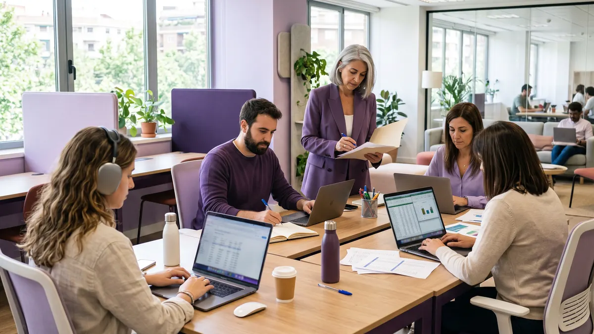 Cuatro profesionales de distintos puestos trabajan con sus portátiles en una oficina luminosa con tonos violeta