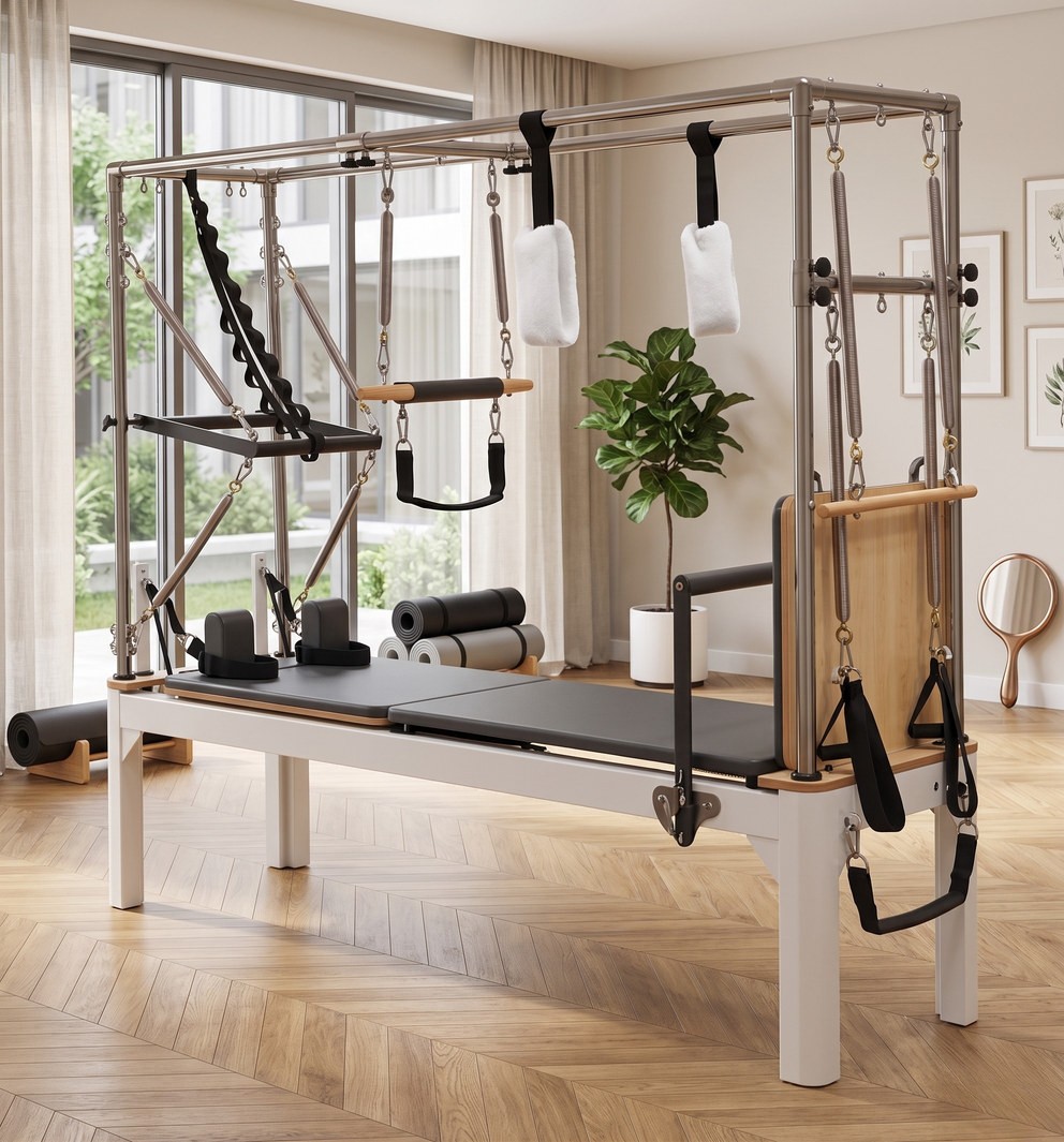 Pilates Reformer Tour Complète Elite Pro — Aluminium, reformer avec tour complète en aluminium dans un studio de Pilates professionnel