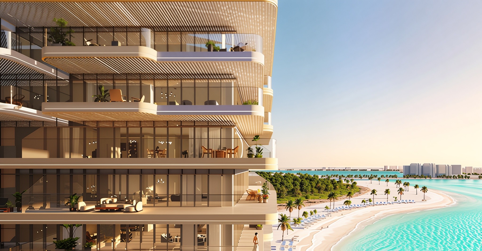 A view of the Mondrian, a stylish beachfront apartment building in Dubai, surrounded by sandy shores and vibrant waters.