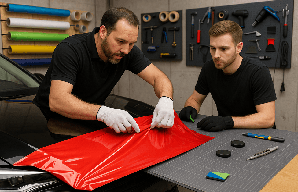 Fahrzeugfolierungstraining mit rotem Vinyl und professionellen Werkzeugen