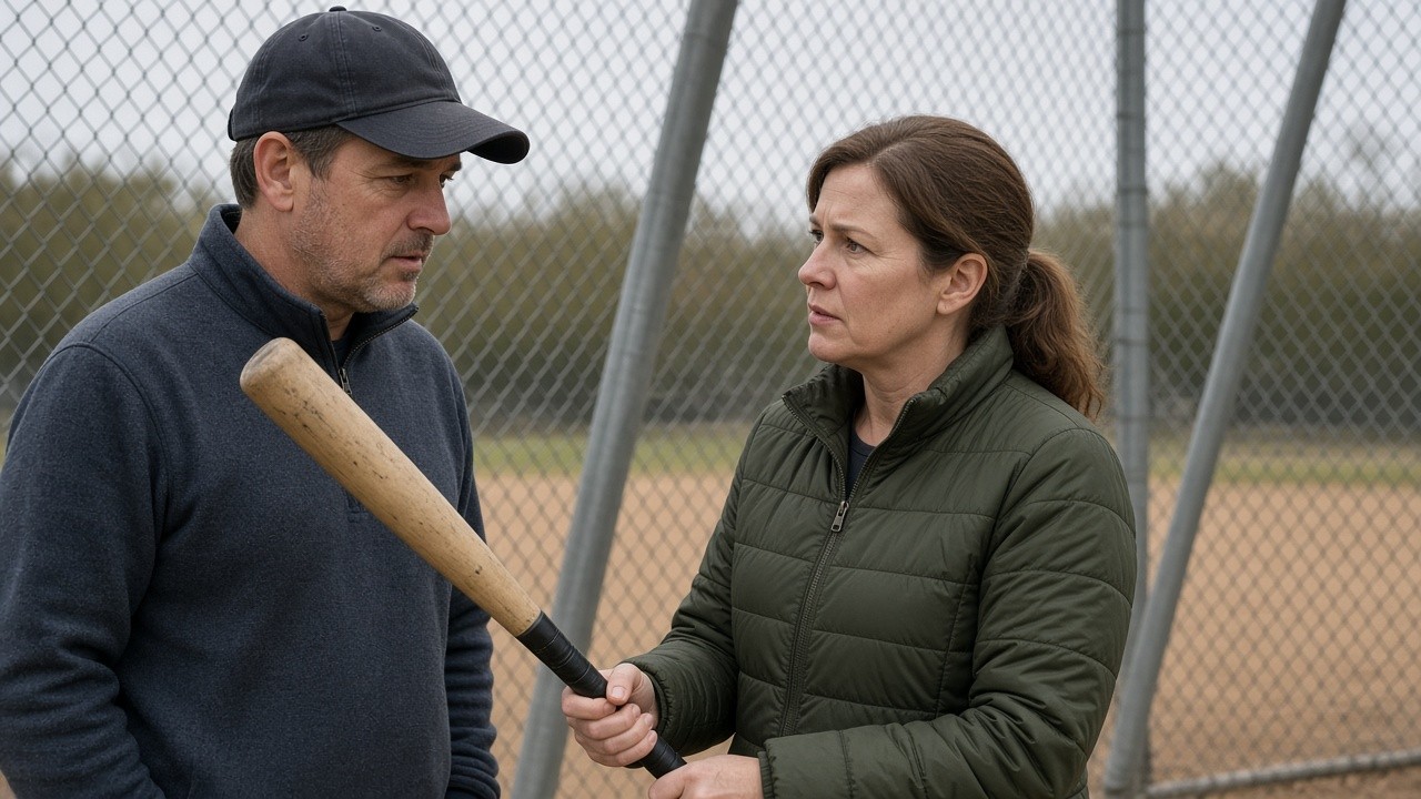 This image depicts a man and a woman having a serious conversation near a chain-link fence at a baseball field. The man is wearing a dark baseball cap and a navy blue jacket, while the woman is dressed in an olive green quilted jacket and holding a wooden baseball bat with both hands. The background shows a sandy baseball field with some grassy areas and overcast weather. The image could be used to illustrate themes of sports coaching, mentoring, or emotional discussions related to athletics.