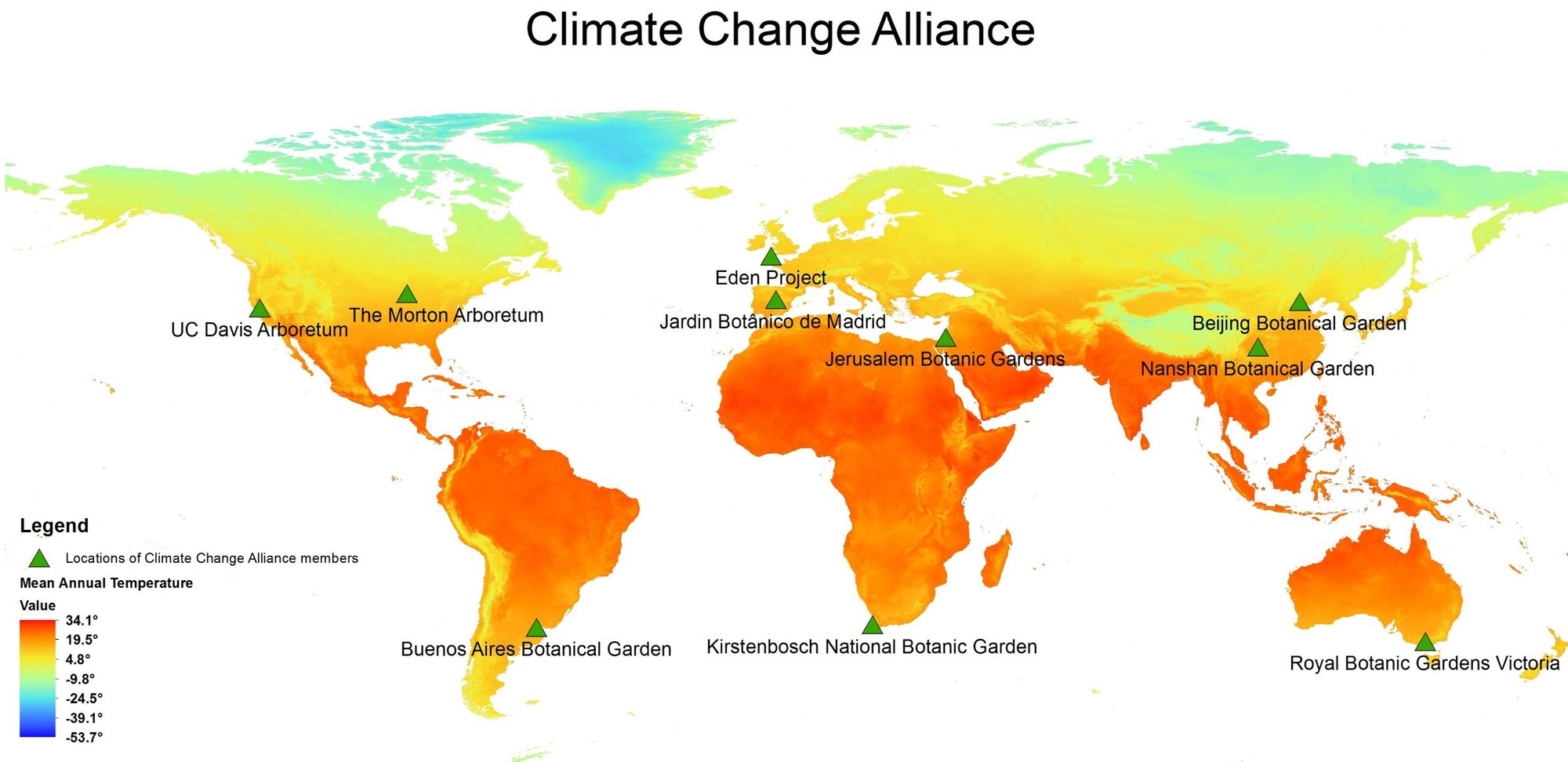 Mapa-múndi Climate Change Alliance com temperatura média anual e localização dos jardins botânicos parceiros