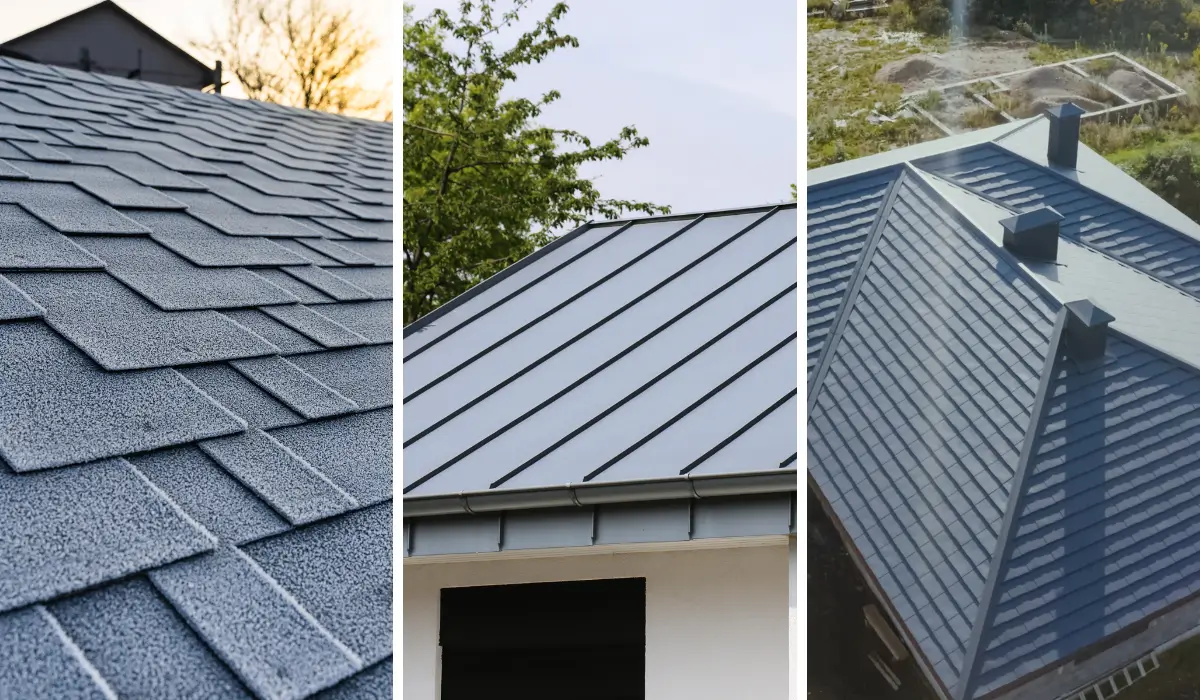 Side-by-side comparison of each type of roof including asphalt, metal, and composite installed on homes.