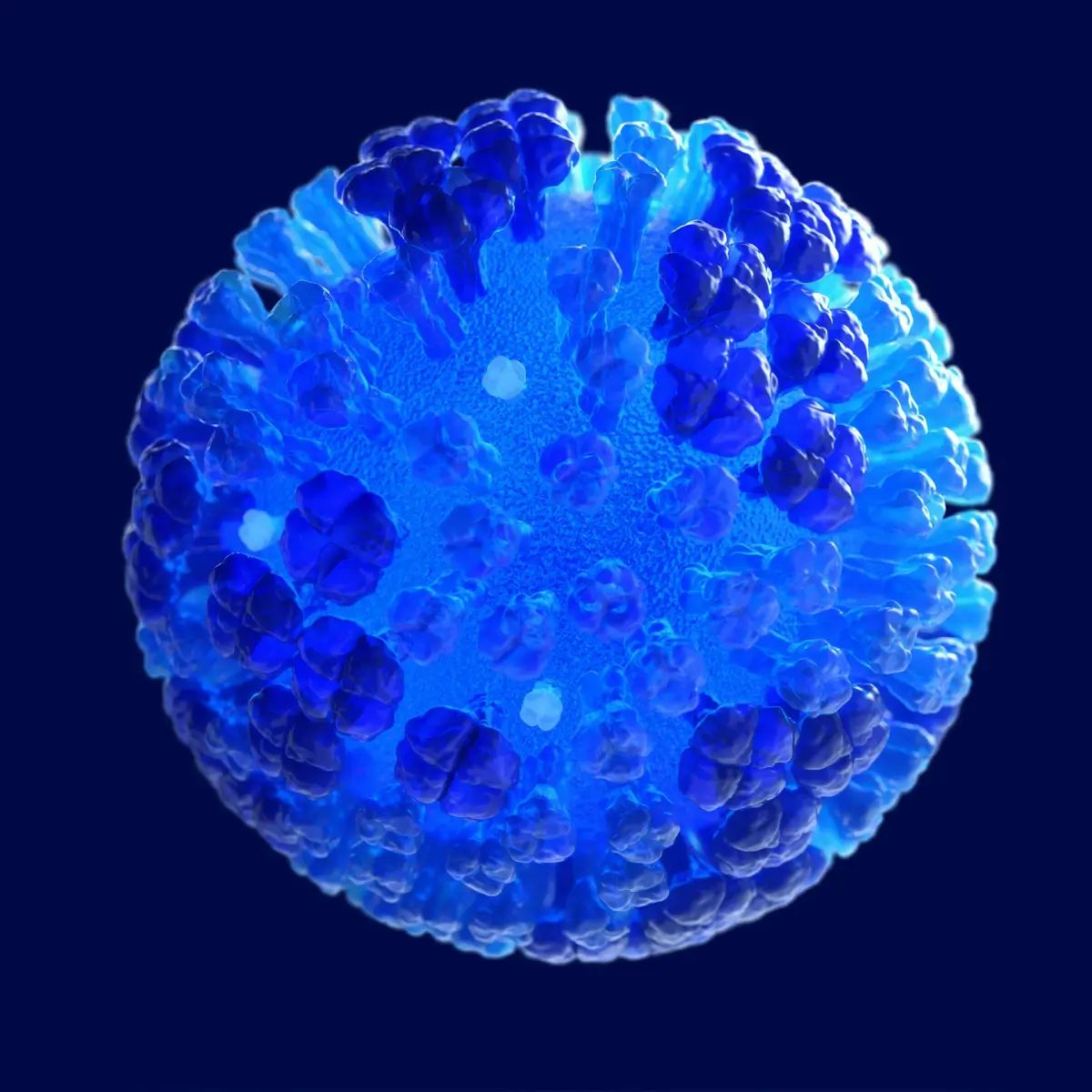 Close-up of a blue microscopic structure resembling a virus with detailed surface textures.