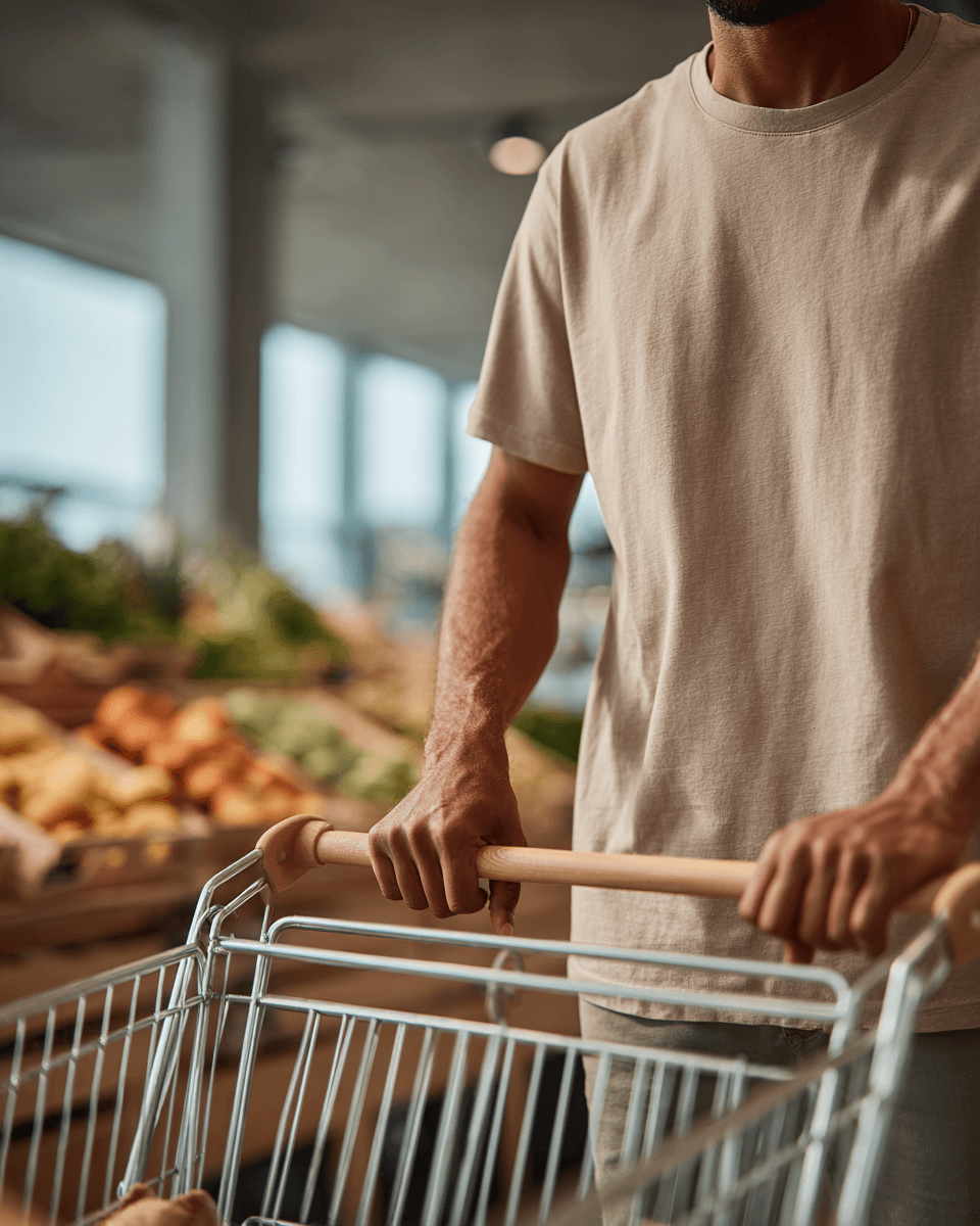 Person schiebt Einkaufswagen durch den Supermarkt – SilentAngels® Lebensmitteleinkäufe Service.