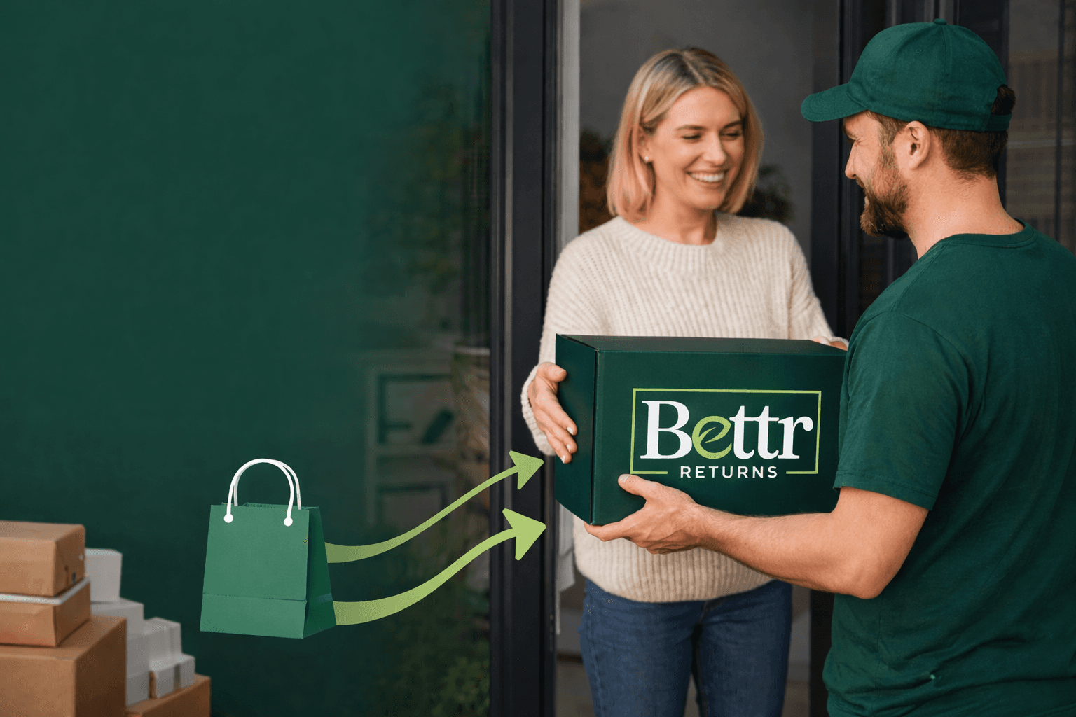 A delivery person hands a green box to a smiling woman at her doorway, with packages in the background.