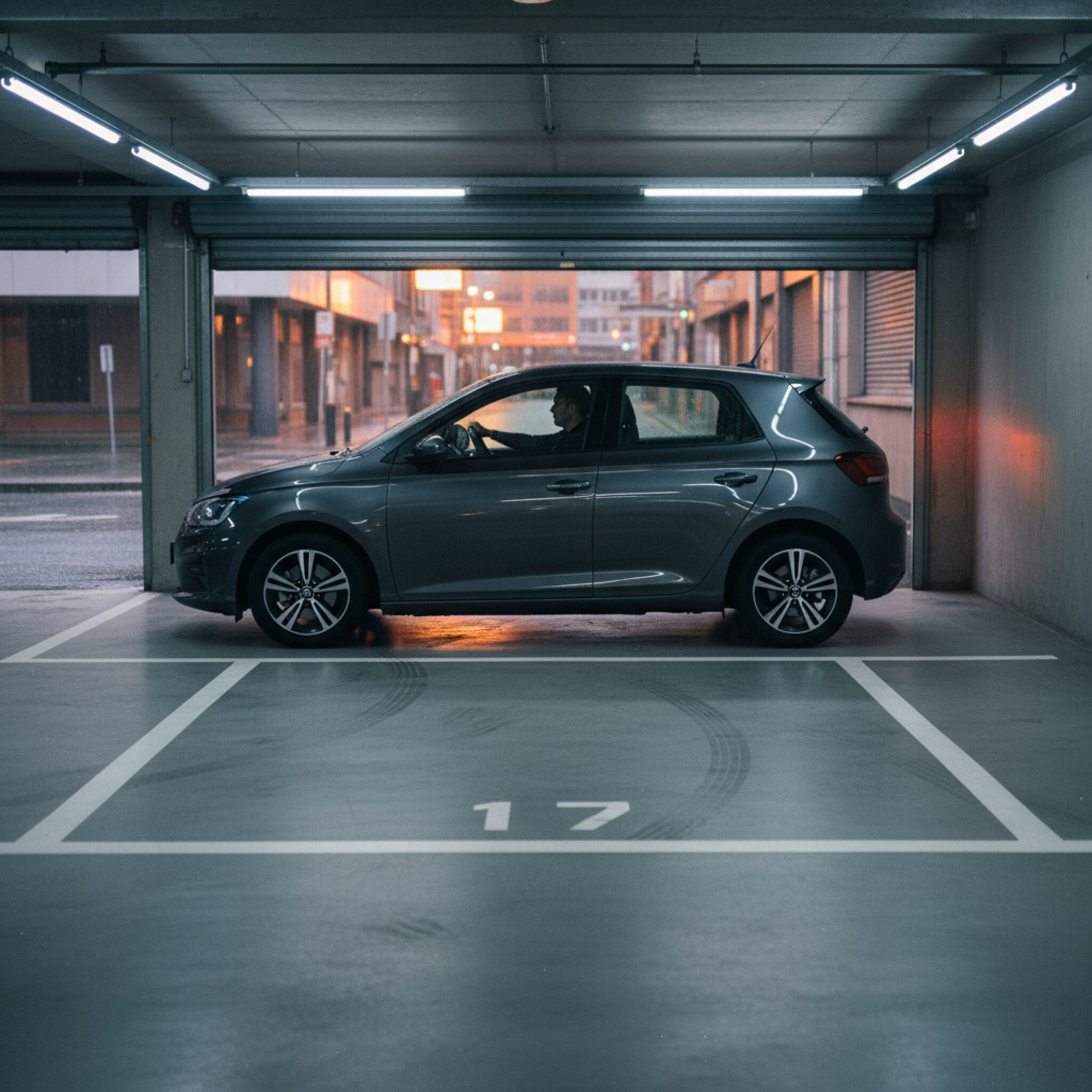 Eine städtische Garage mit glattem Betonboden und klaren Nummern spiegelt das kühle Licht der Neonlampen. Ein kompaktes Auto setzt vorsichtig zurück in eine enge Box. Die Rolltür steht halb geöffnet, draußen perlt Regen auf dem Asphalt. Klare Ordnung, saubere Kanten, kein überflüssiges Detail.