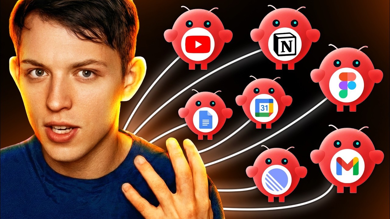 Riley Brown AI-style agent team thumbnail with creator controlling multiple app robots