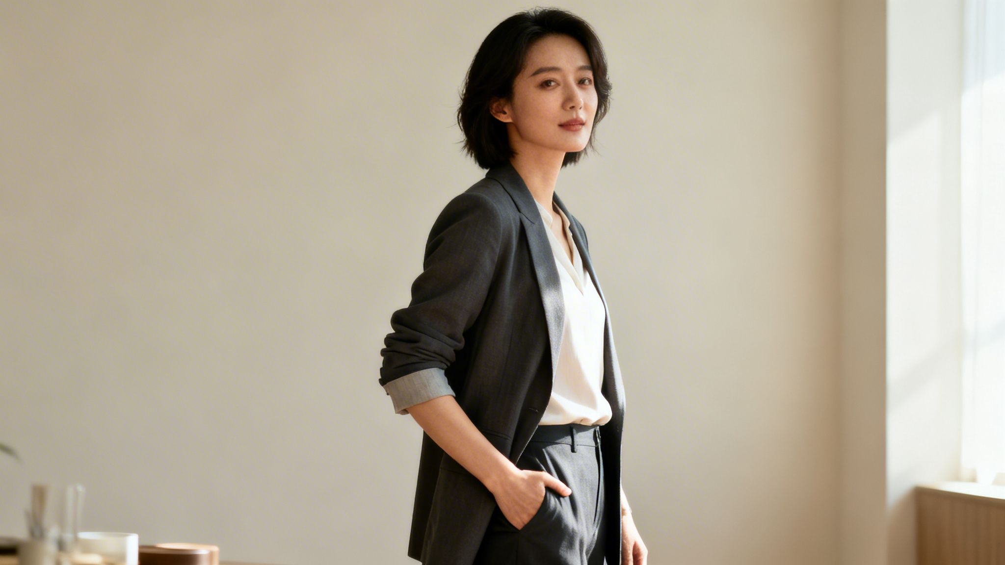 Junge asiatische Geschäftsfrau in einem eleganten dunklen Anzug mit weißer Bluse steht nachdenklich.