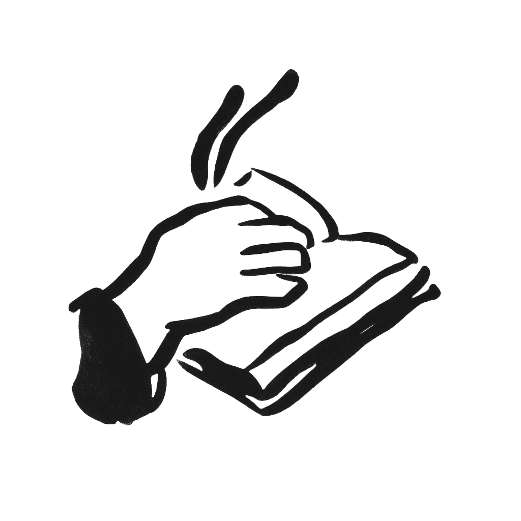 A minimalist sketch of a hand flipping through the pages of a book.