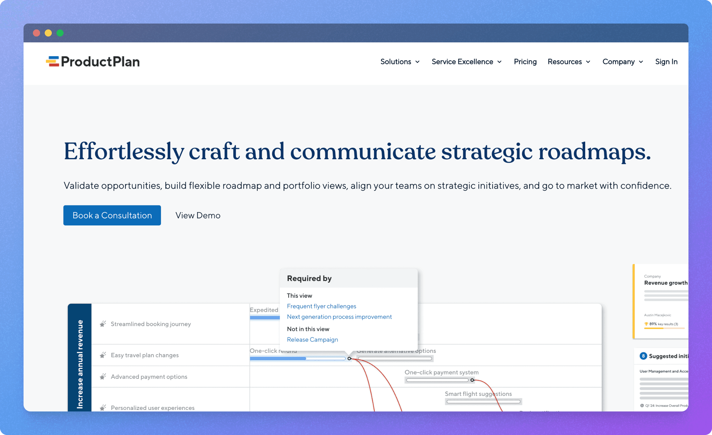 productplan homepage displaying the roadmap feature