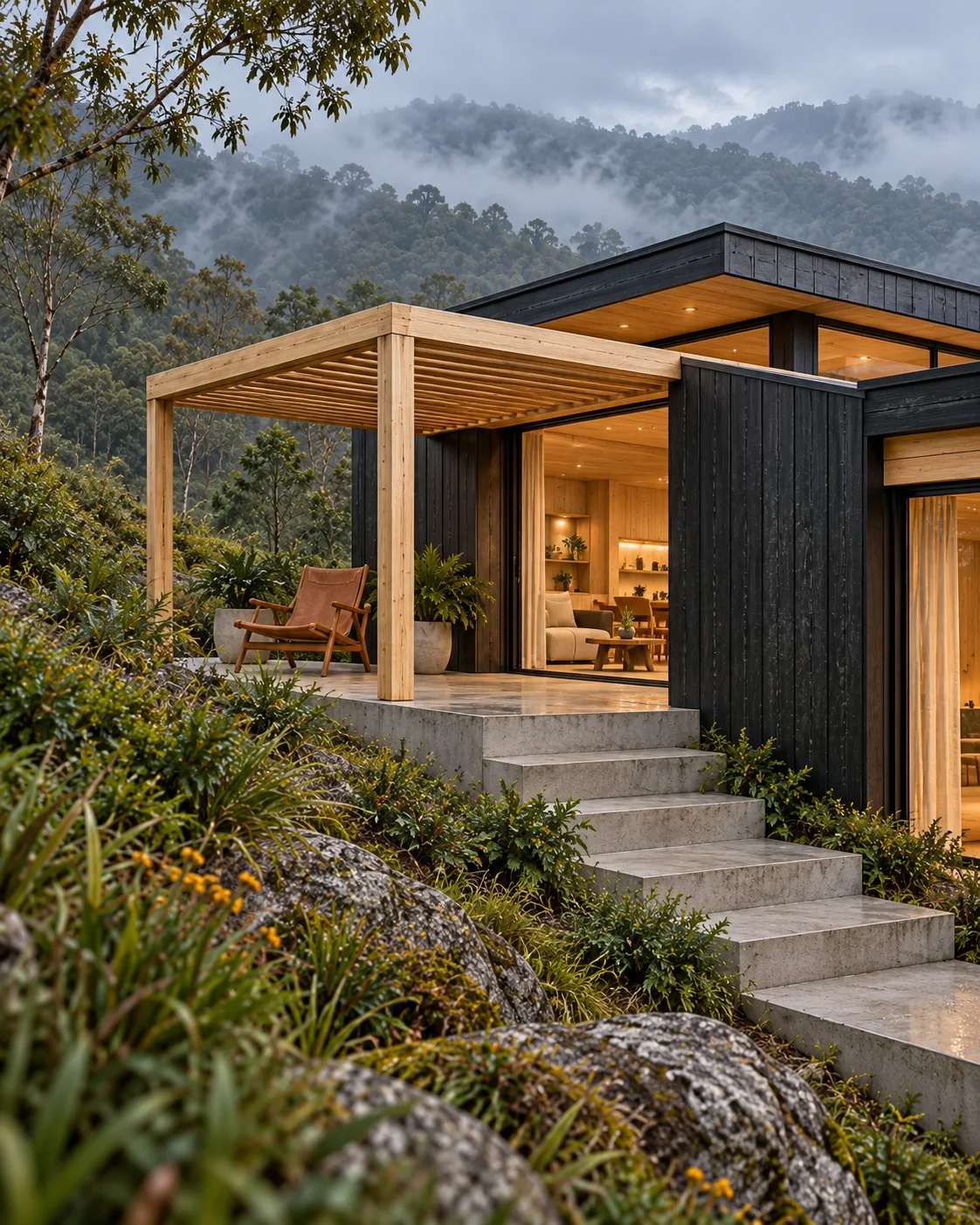 AI-generated Casa Serra threshold with charcoal cladding, timber pergola and concrete steps on a planted slope