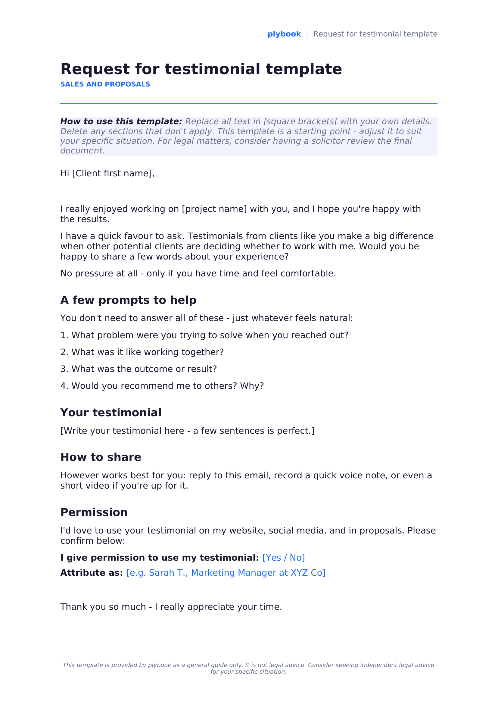 Request for testimonial template