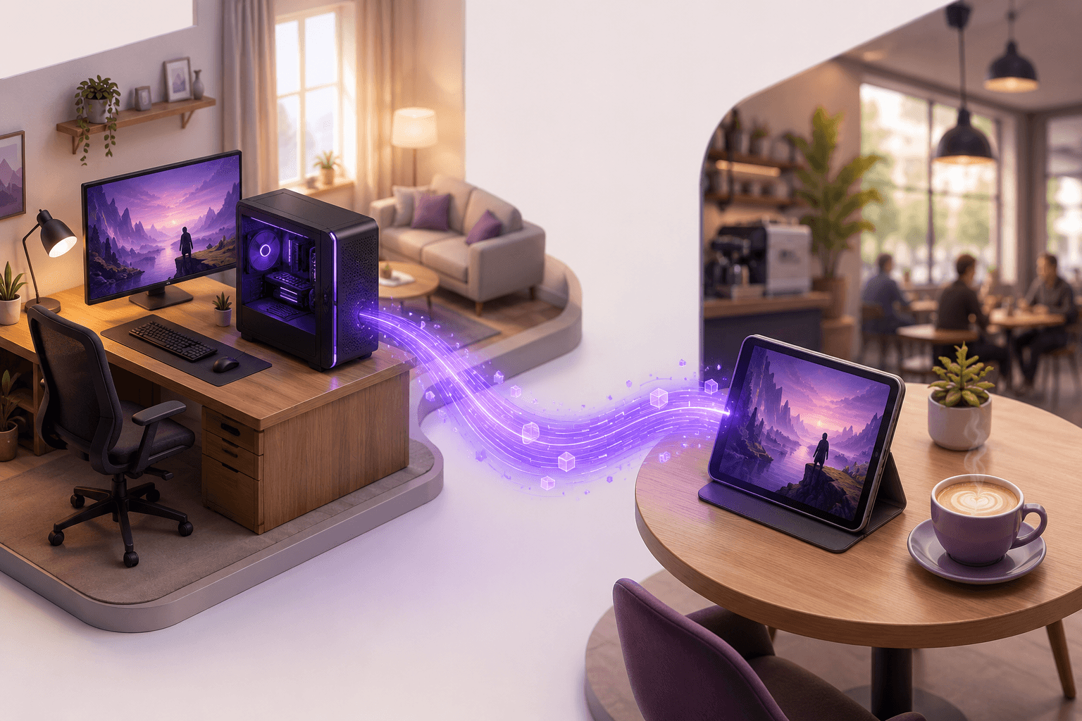 Home desktop PC streaming a visual application to a tablet in a café through a glowing purple remote connection.